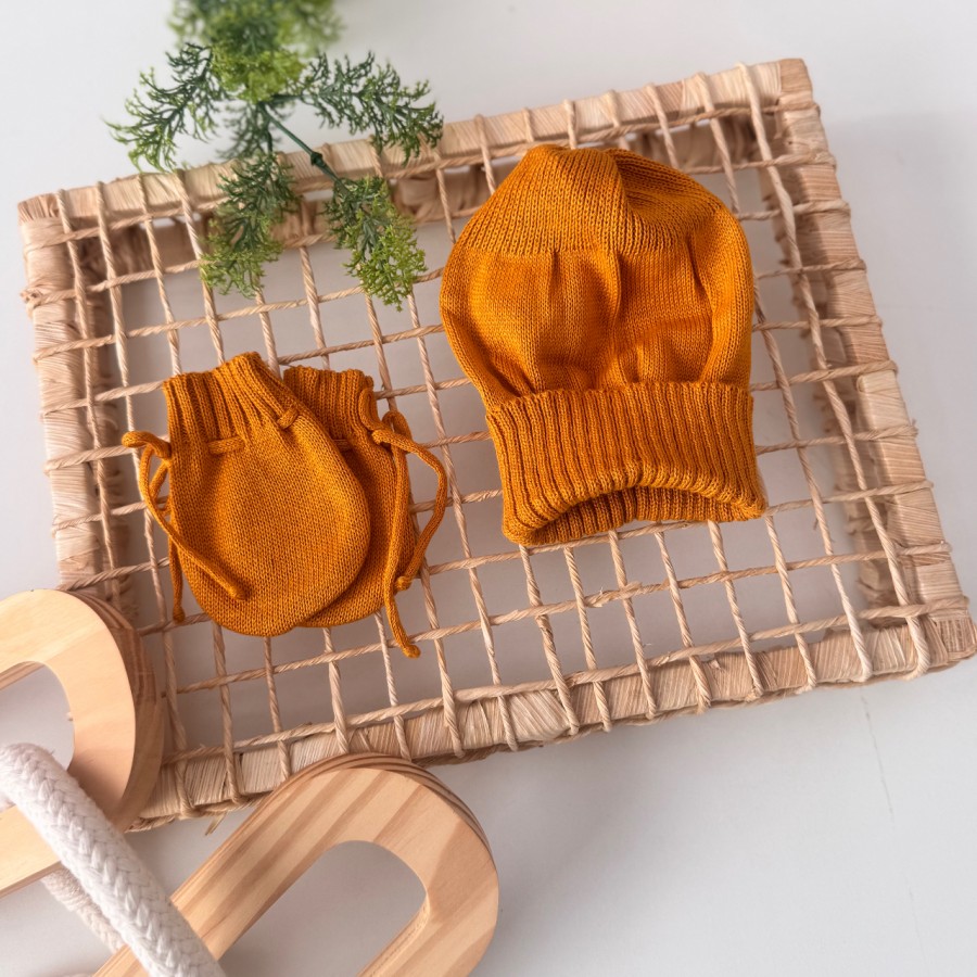 kit touca e luva- mostarda